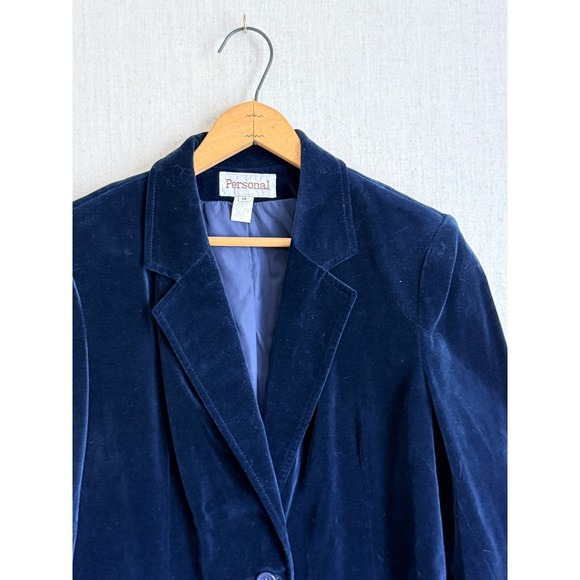 Personal Vintage Navy Blue Velvet Blazer Jacket Womens Two Button Professional - Picture 3 of 5